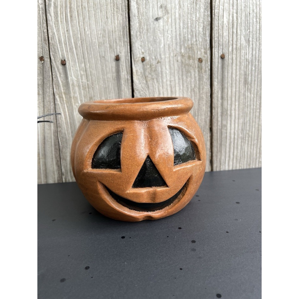 Wood carved jack o lantern pumpkin treat bowl Plant Pot  6in New